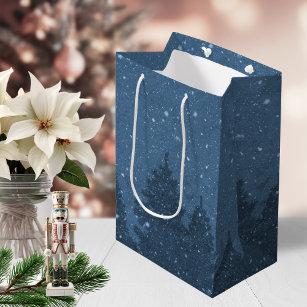 Elegant Blue Winter Snow Trees Holiday Medium Gift Bag