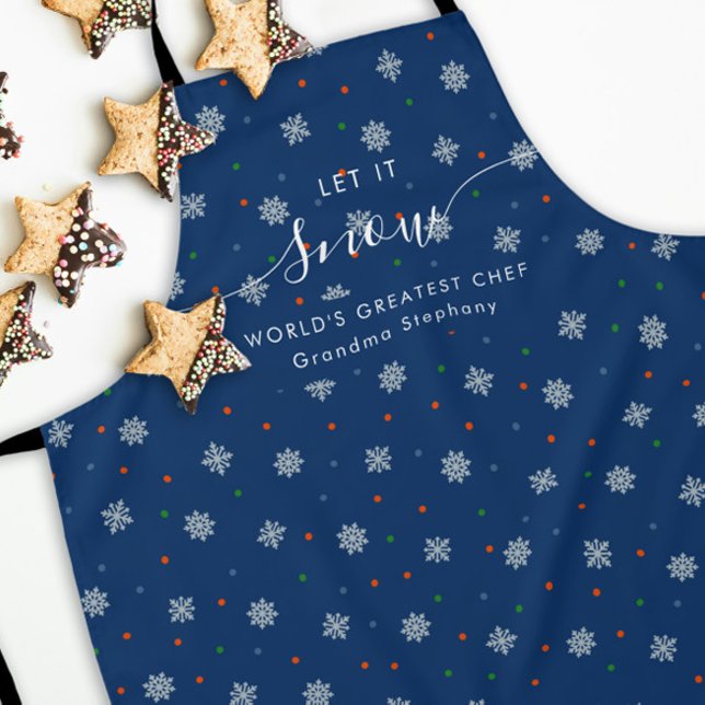 Elegant blue Winter snowflakes and dots custom Apron (Let it snow personalized apron with snowflakes and custom text)