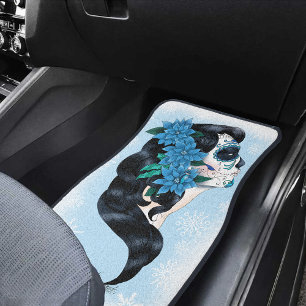Elegant Blue Winter Sugar Skull Floral Woman Car Floor Mat