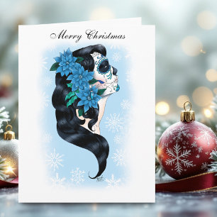 Elegant Blue Winter Sugar Skull Floral Woman Card