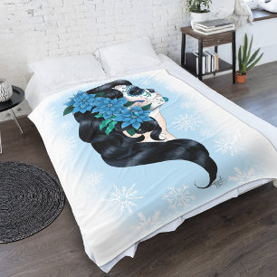 Elegant Blue Winter Sugar Skull Floral Woman Fleece Blanket