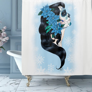 Elegant Blue Winter Sugar Skull Floral Woman Shower Curtain