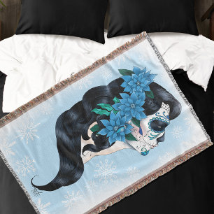 Elegant Blue Winter Sugar Skull Floral Woman Throw Blanket