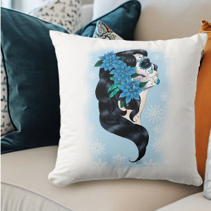 Elegant Blue Winter Sugar Skull Floral Woman Throw Pillow