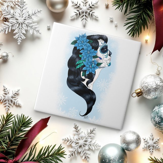 Elegant Blue Winter Sugar Skull Floral Woman Tile (Creator Uploaded)