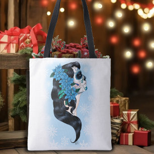 Elegant Blue Winter Sugar Skull Floral Woman Tote Bag