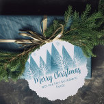 Elegant Blue Winter Trees Custom Christmas Gift Ornament Card<br><div class="desc">An elegant row of winter fir trees and snowflakes above your personalized Merry Christmas script and your family last name in pretty blue below the snow filled forest. Modern holiday family party gift tag ornament dard with your custom message.</div>