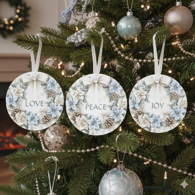Elegant Blue Winter Wreath Peace Love Joy Holiday Ornament (Creator Uploaded)