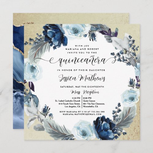 Elegant Blue with Gold Floral Quinceaera Invitation