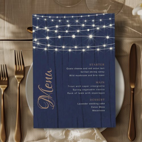 Elegant Blue Wood String Lights Wedding Menu