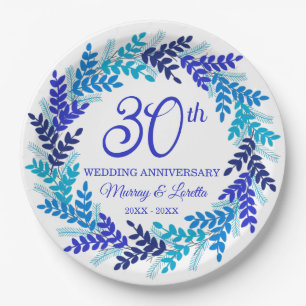 Elegant Blue Wreath 30th Anniversary Party Paper Plates