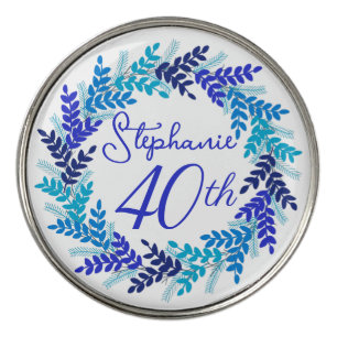 Elegant Blue Wreath 40th Birthday Golf Ball Marker