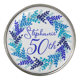 Elegant Blue Wreath 50th Birthday Golf Ball Marker
