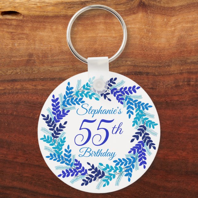 Elegant Blue Wreath 55th Birthday Keychain (Front)