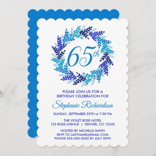 Elegant Blue Wreath 65th Birthday Invitation