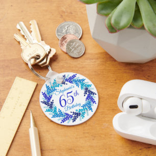 Elegant Blue Wreath 65th Birthday Keychain