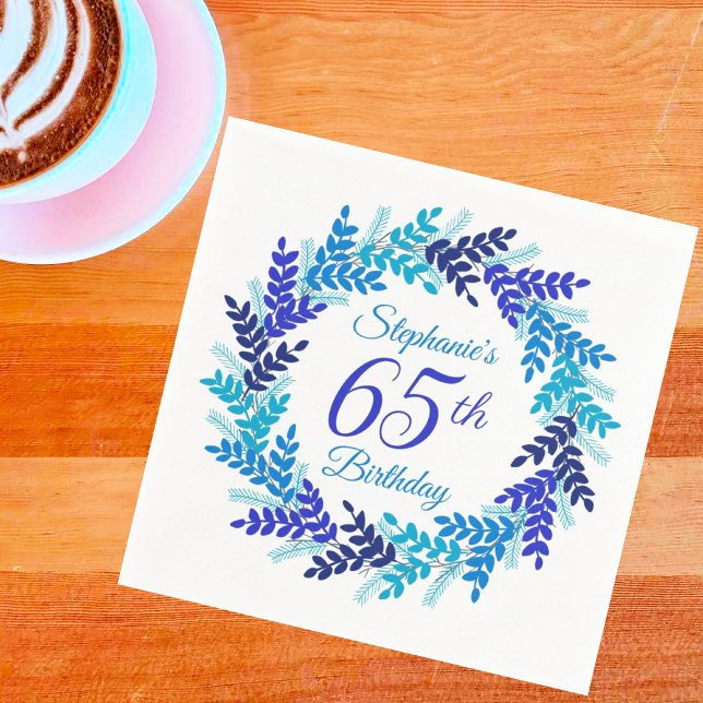 Elegant Blue Wreath 65th Birthday Napkins (Creator Uploaded)