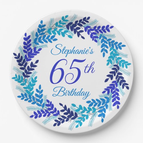 Elegant Blue Wreath 65th Birthday Paper Plates