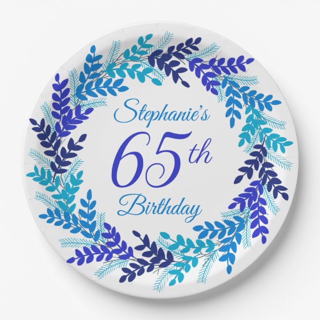 Elegant Blue Wreath 65th Birthday Paper Plates (Front)