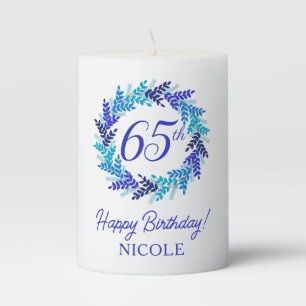 Elegant Blue Wreath 65th Birthday Pillar Candle