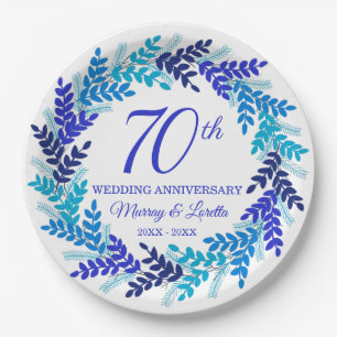 Elegant Blue Wreath 70th Anniversary Party Paper Plates