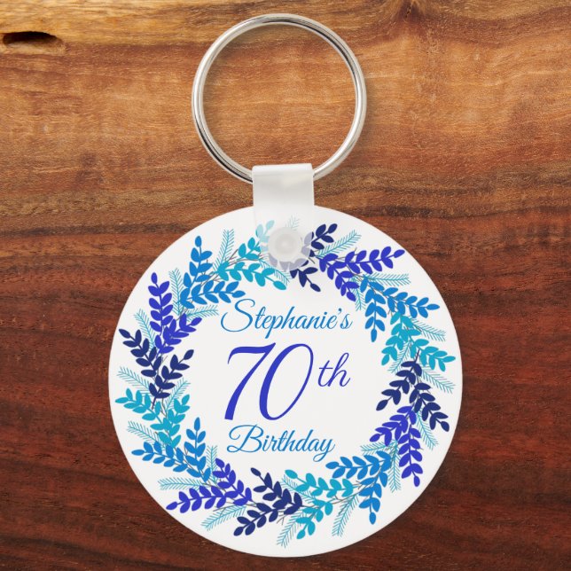 Elegant Blue Wreath 70th Birthday Keychain (Front)