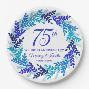 Elegant Blue Wreath 75th Anniversary Party Paper Plates