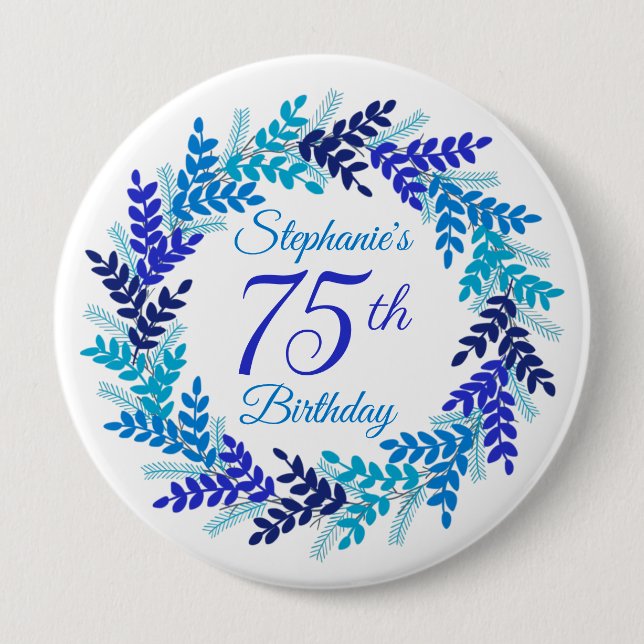 Elegant Blue Wreath 75th Birthday Button (Front)