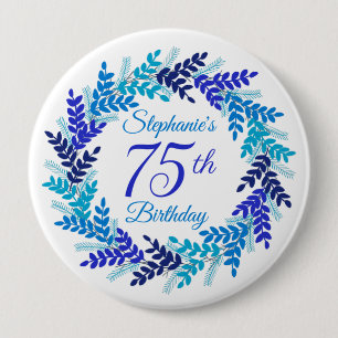 Elegant Blue Wreath 75th Birthday Button
