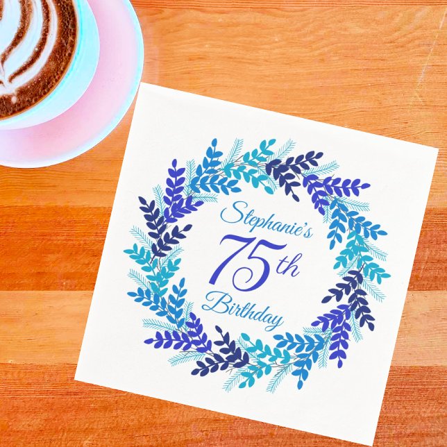 Elegant Blue Wreath 75th Birthday Napkins (Creator Uploaded)