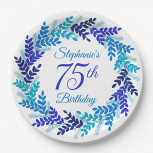 Elegant Blue Wreath 75th Birthday Paper Plates