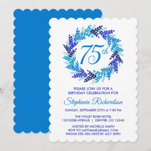 Elegant Blue Wreath 75th Birthday Party Invitation