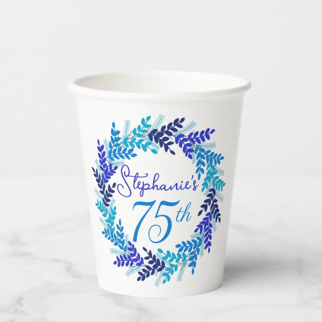Elegant Blue Wreath 75th Birthday Party Paper Cups (Front)