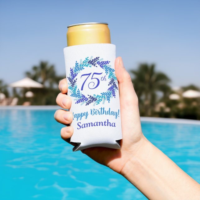 Elegant Blue Wreath 75th Birthday Seltzer Can Cooler (In Situ Pool)
