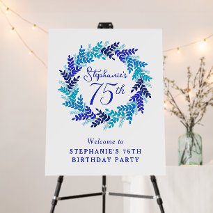 Elegant Blue Wreath 75th Birthday Welcome Sign