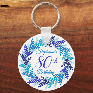 Elegant Blue Wreath 80th Birthday Keychain