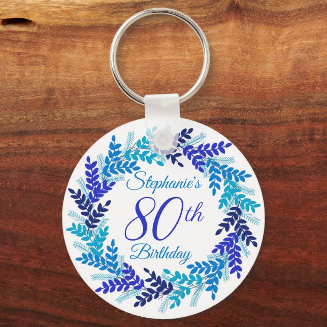 Elegant Blue Wreath 80th Birthday Keychain (Front)