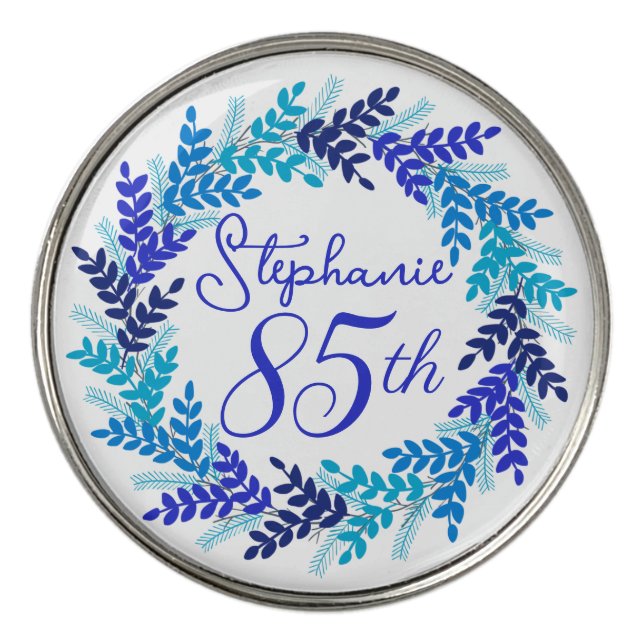 Elegant Blue Wreath 85th Birthday Golf Ball Marker (Front)