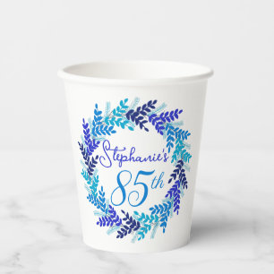 Elegant Blue Wreath 85th Birthday Party Paper Cups
