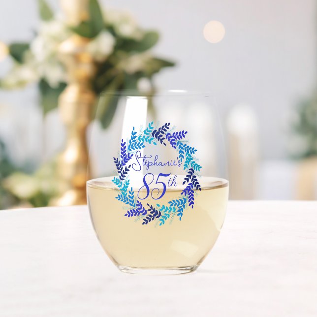 Elegant Blue Wreath 85th Birthday Party Stemless Wine Glass (Insitu (Wedding))
