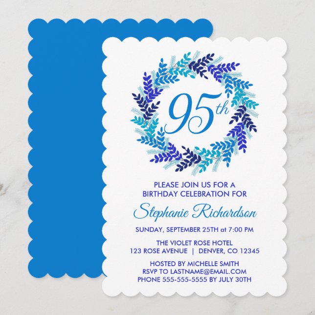 Elegant Blue Wreath 95th Birthday Party Invitation (Front/Back)