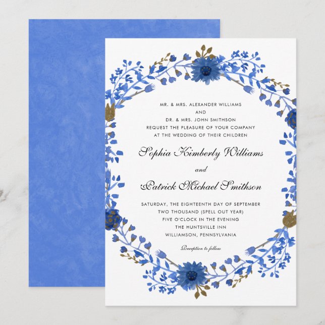 Elegant Blue Wreath | all parents hosting wedding Invitation (Front/Back)