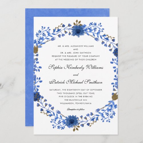 Elegant Blue Wreath  all parents hosting wedding Invitation