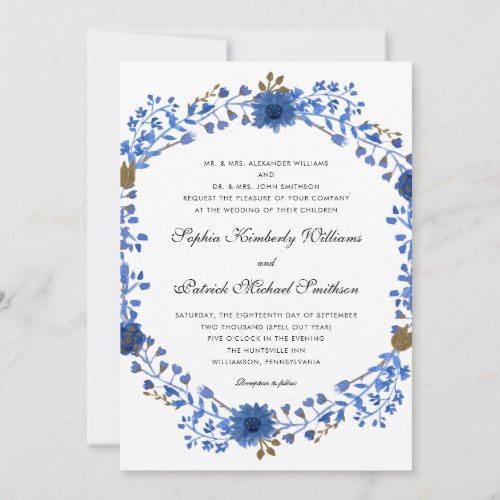 Elegant Blue Wreath  all parents hosting wedding Invitation