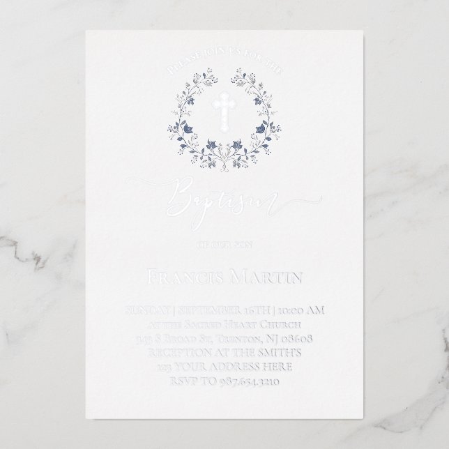 elegant blue wreath Baptism silver Foil Invitation (Front)