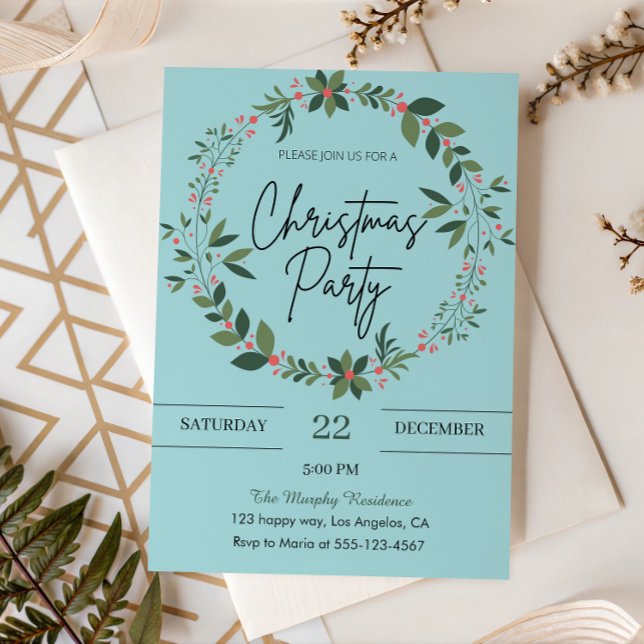 Elegant Blue Wreath Christmas Party  Invitation (Creator Uploaded)