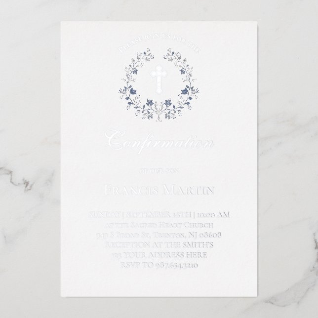 elegant blue wreath Confirmation Foil Invitation (Front)