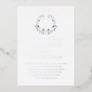 elegant blue wreath first holy communion foil invitation