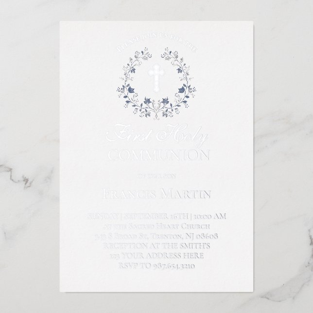 elegant blue wreath first holy communion foil invitation (Front)