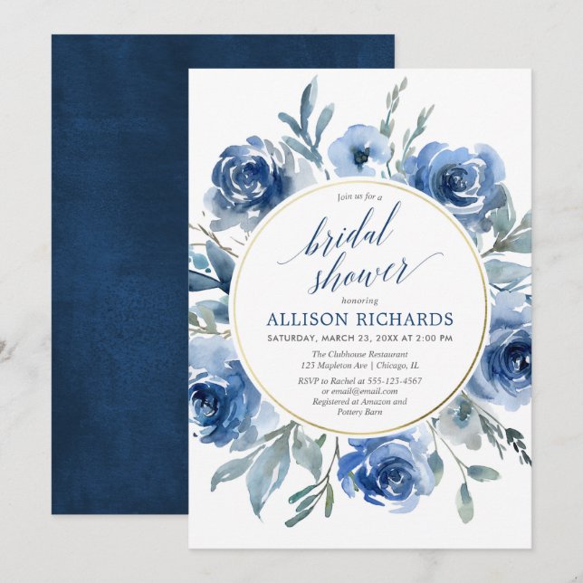 Elegant blue wreath floral bridal shower invitation (Front/Back)